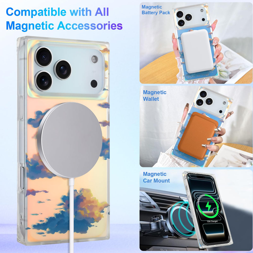 Cute Case for iPhone 13 Pro Case for Women Girls with Iridescent Cloud Pattern Design, Aesthetic Trendy Girly Matte Glitter Sparkly Rainbow Rectangle Protective Phone Cover, Sun Set Sky
