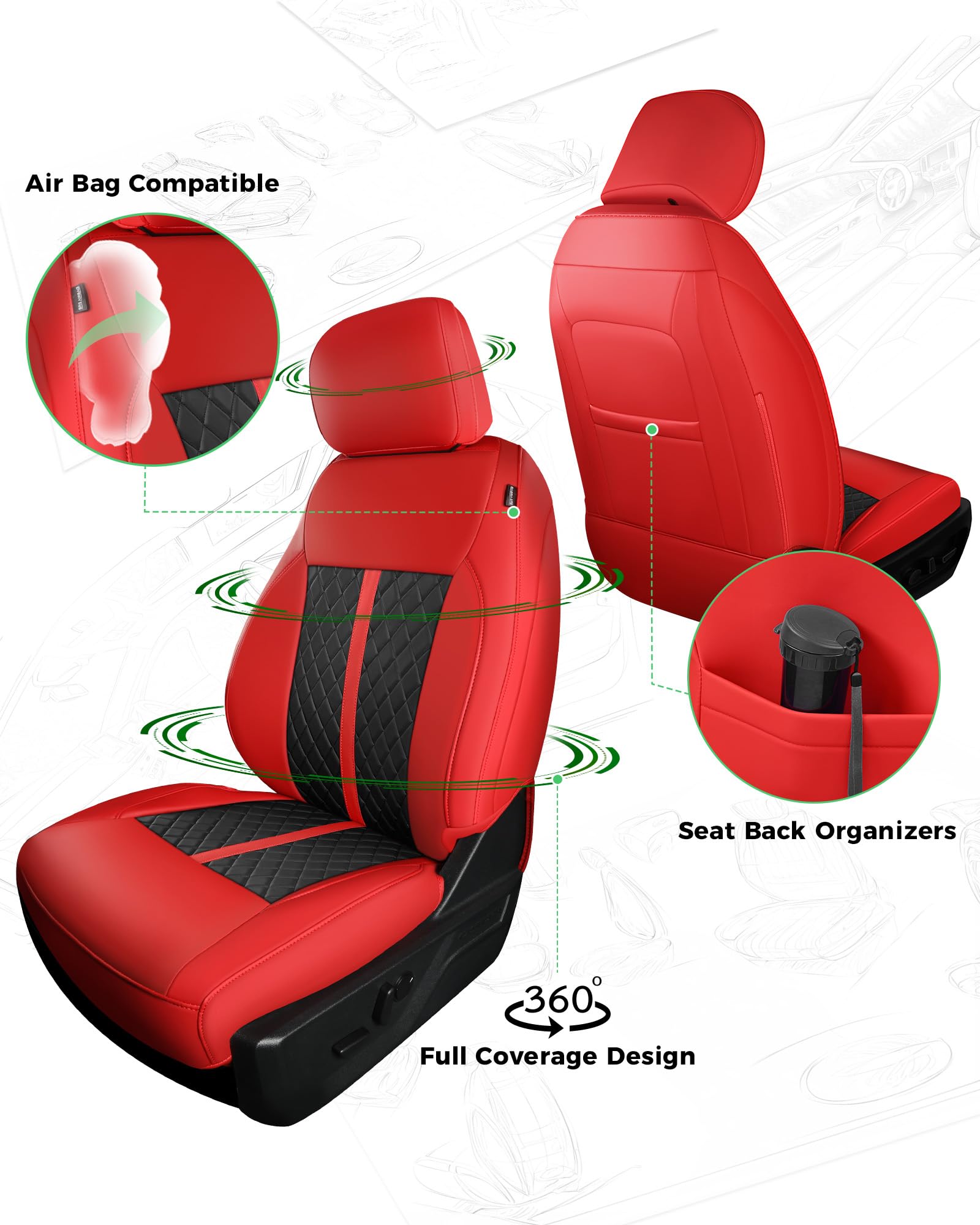 for Ford F150 Leather Seat Covers, Super Crew Cab XL XLT 2015-2020, F250 F350 F450 Super Duty Crew Cab 2017-2022,Custom Truck Seat Cover Full Set, Pickup Accessories, Black (Bucket Seat)