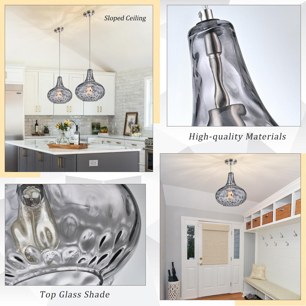 Glass Large Pendant Lights for Kitchen Island Blown Glass Pendant Light Clear Hammered Shade Hanging Ceiling Lights with Black Finish for for Kitchen Island, Sink, Hallway, Living Room 11 inch
