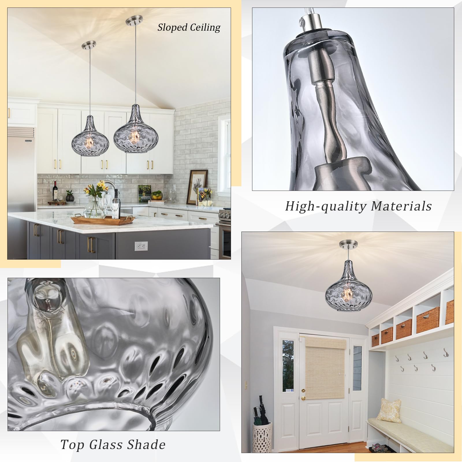 Glass Large Pendant Lights for Kitchen Island Blown Glass Pendant Light Clear Hammered Shade Hanging Ceiling Lights with Black Finish for for Kitchen Island, Sink, Hallway, Living Room 11 inch
