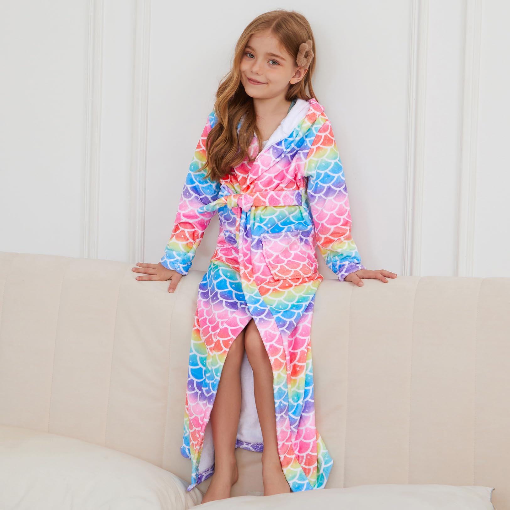 Jxstar Girls Bathrobes Kids Long Hooded Robes Plush Full Length Coral Fleece Pajamas Sleepwear