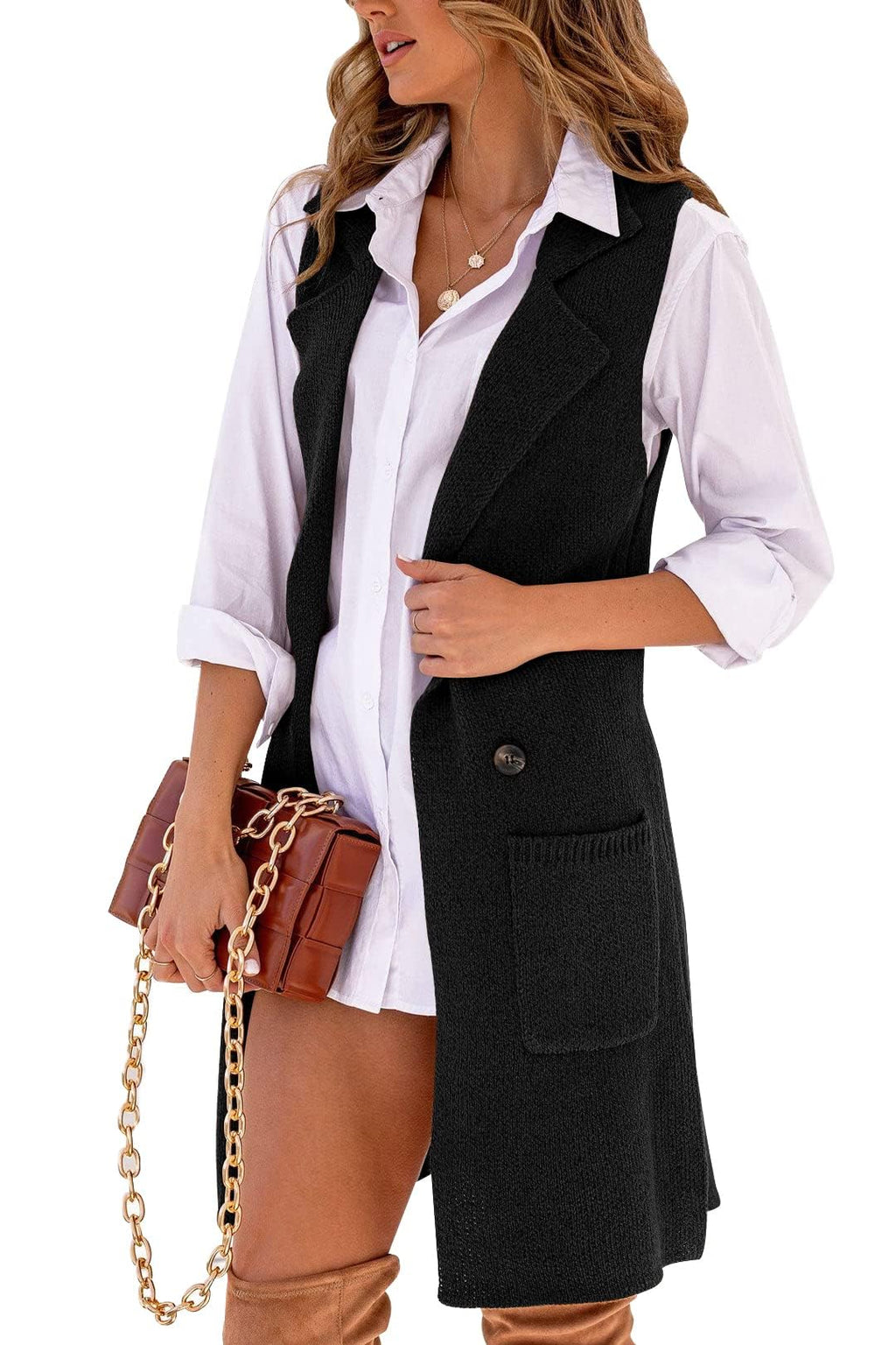 Danedvi Women Open Front Lapel Collar Cardigan Vest Button Down Long Sweaters Cardigan Solid Outerwear Coats