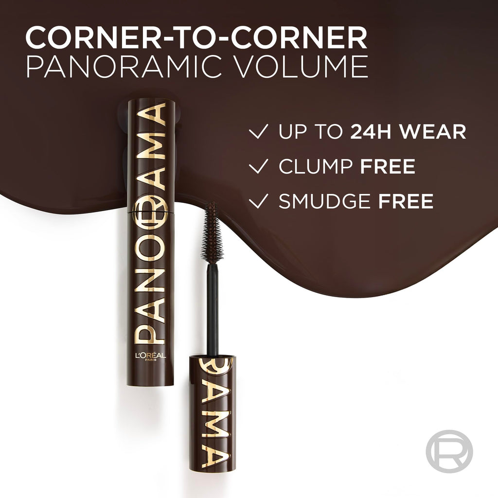 L'Oreal Paris Voluminous Panorama Mascara, Volumizing and Lengthening Formula, Longwear, Smudge-Resistant and Washable, All Night Black Mascara, 0.33 Fl Oz