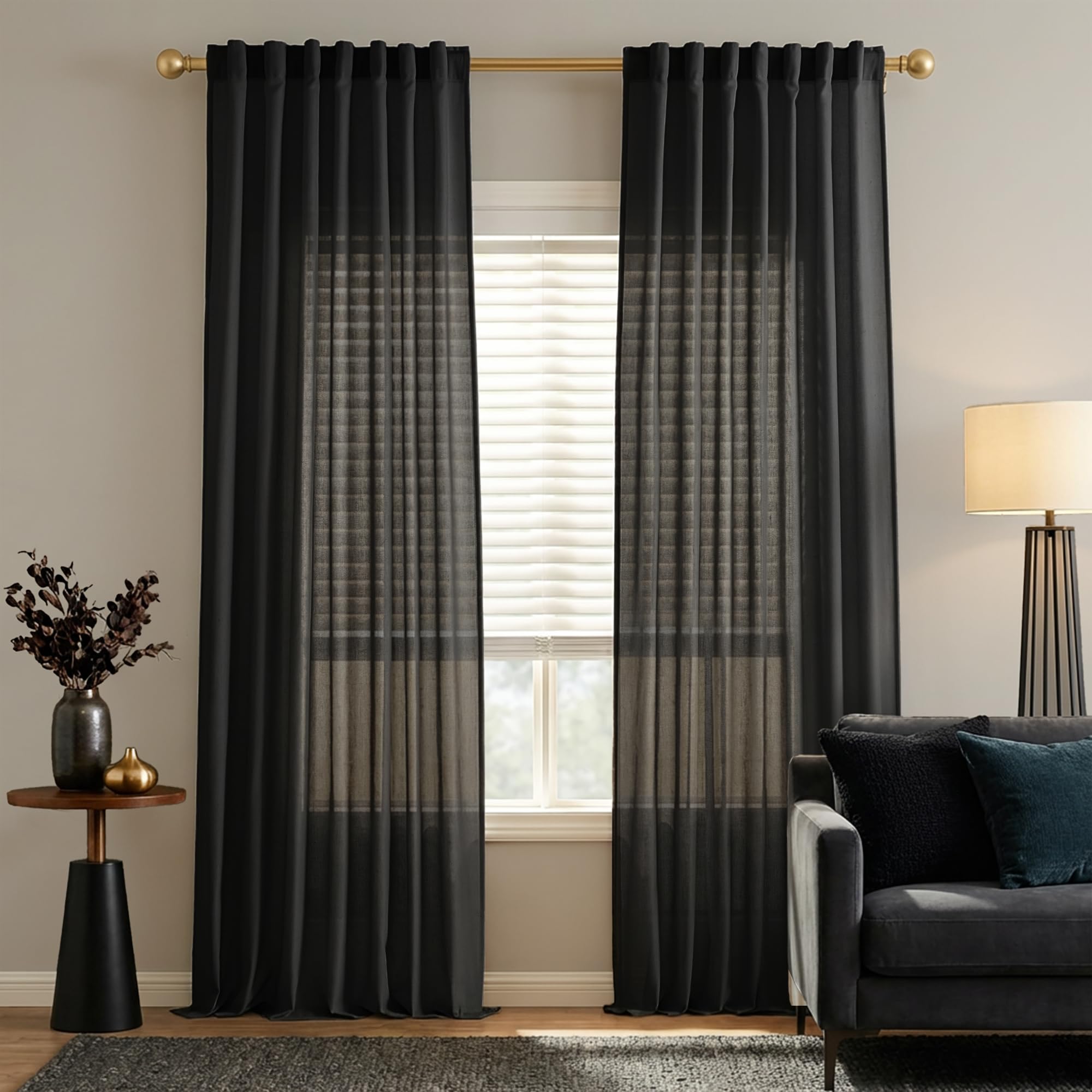 Black Linen Cotton Blend Sheer Curtains, Moody Light Filtering Drapes for Dark Academia Inspired Study Bedroom Living Room, 84 Inch Long 2 Panels Set