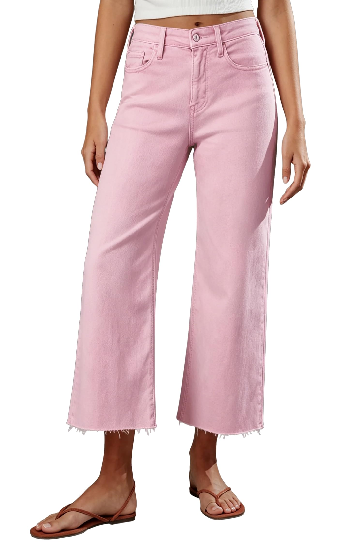Allimy Women's High Waisted Straight Ankle Wide Leg Ripped Jeans Frayed Hem Stretchy Capri Denim Pants