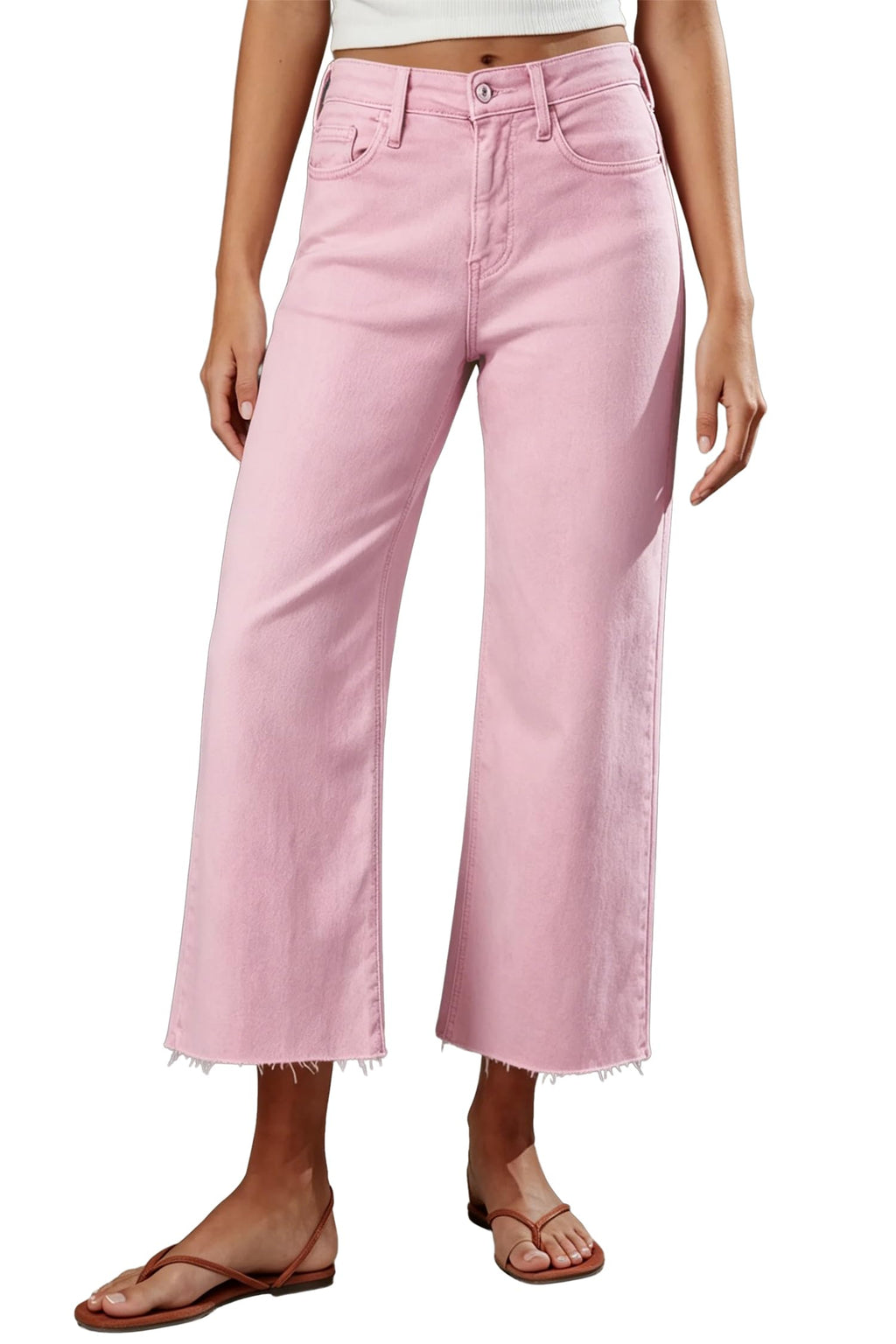 Allimy Women's High Waisted Straight Ankle Wide Leg Ripped Jeans Frayed Hem Stretchy Capri Denim Pants