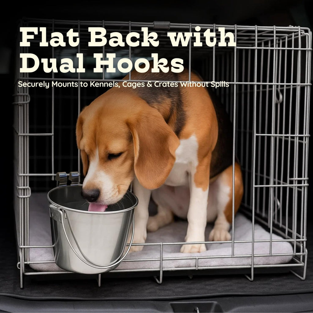 1 quart Stainless Steel Flat Sided Bucket with Dual Hooks | 0.25 gal Durable Food & Water Bowl for Dog Cat Bird & Small Animals | Fits kennel Cage Critter Crate | Hanging Utility Pet Pail