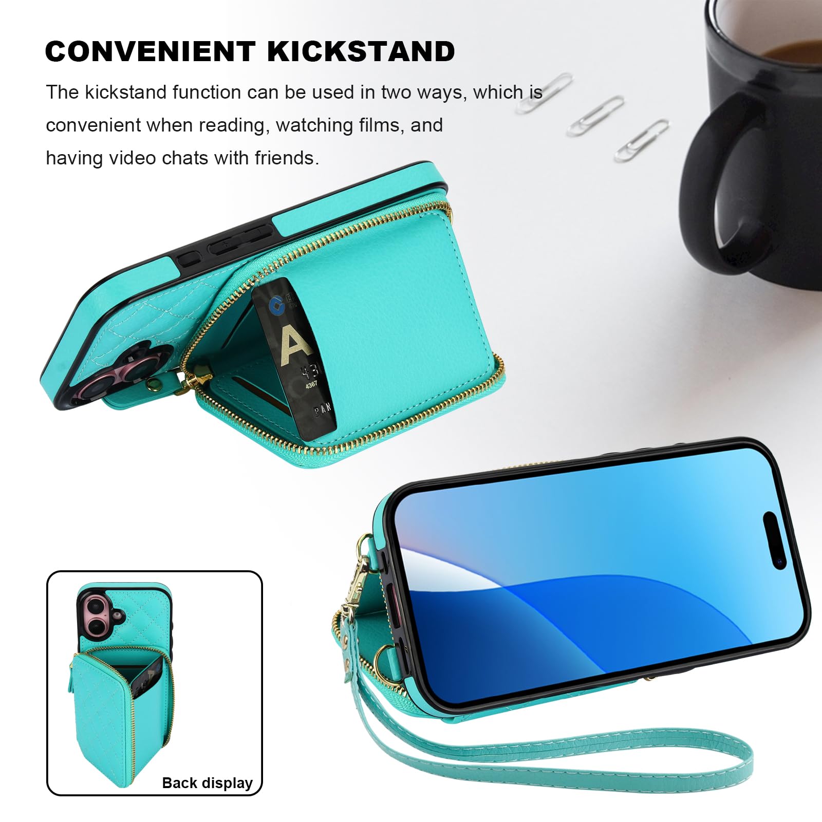 Bocasal Crossbody Wallet Case for iPhone 16, RFID Blocking PU Leather Zipper Handbag Purse Flip Cover, Kickstand Folio Case with Card Slots Holder Wrist Strap Lanyard 5G 6.1 Inch (Black)
