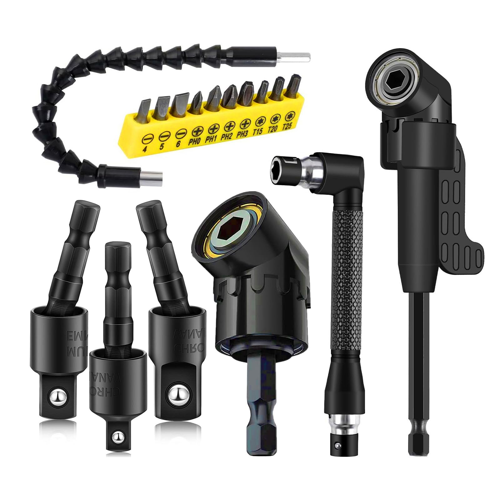 CIGOTU Impact Grade Power Hand Tools Driver Sockets Adapter Extension Set, 3Pcs 1/4 3/8 1/2" Hex Shank Drill Nut Driver Bit Set + 105 Degree Right Angle Driver Extension Screwdriver Drill Attachment