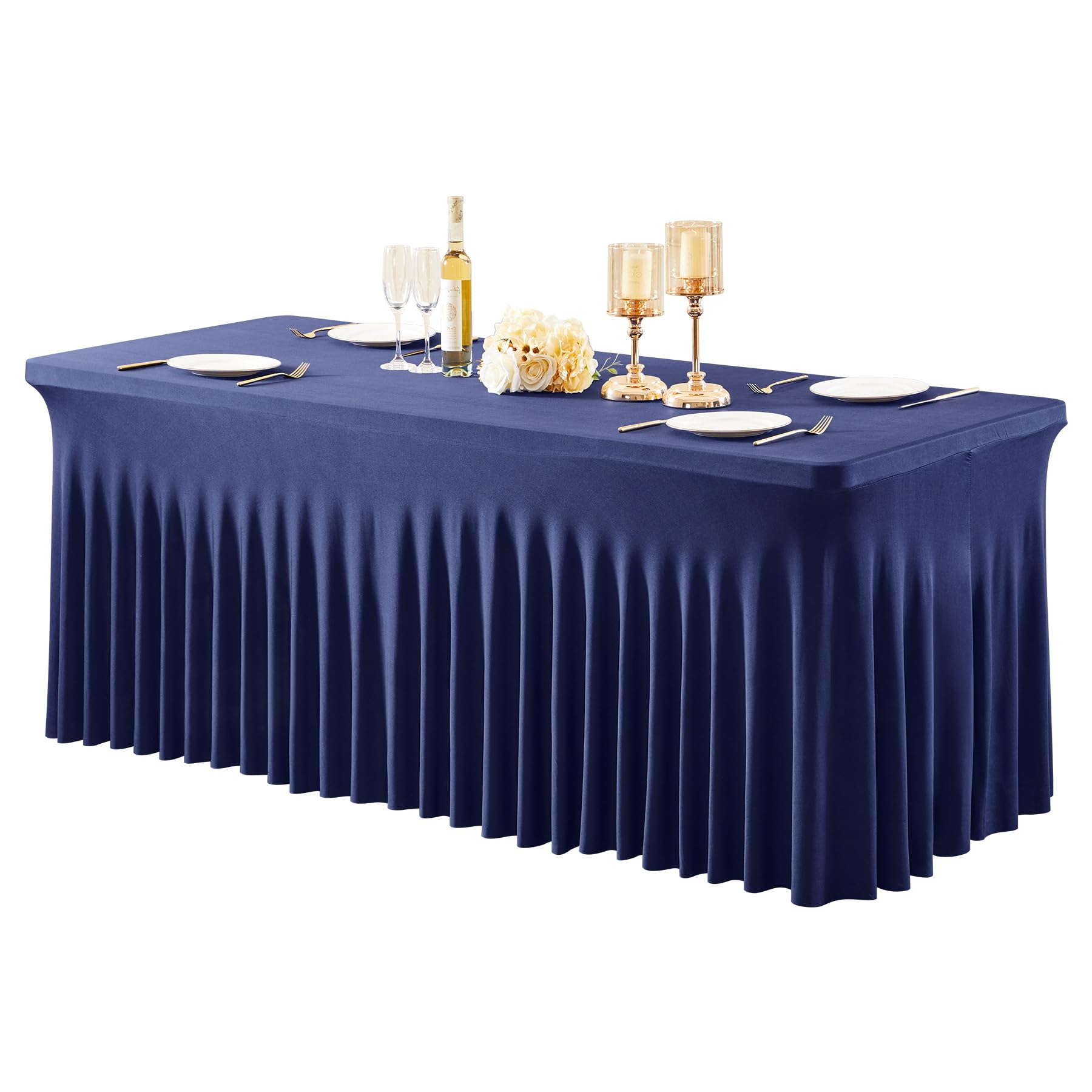 1 Pack Baby Blue Table Clothes for 4 Foot Rectangle Tables, One-Piece Wrinkle Resistant Stretch Spandex Table Covers with Skirt for Event Banquet Wedding Birthday Party