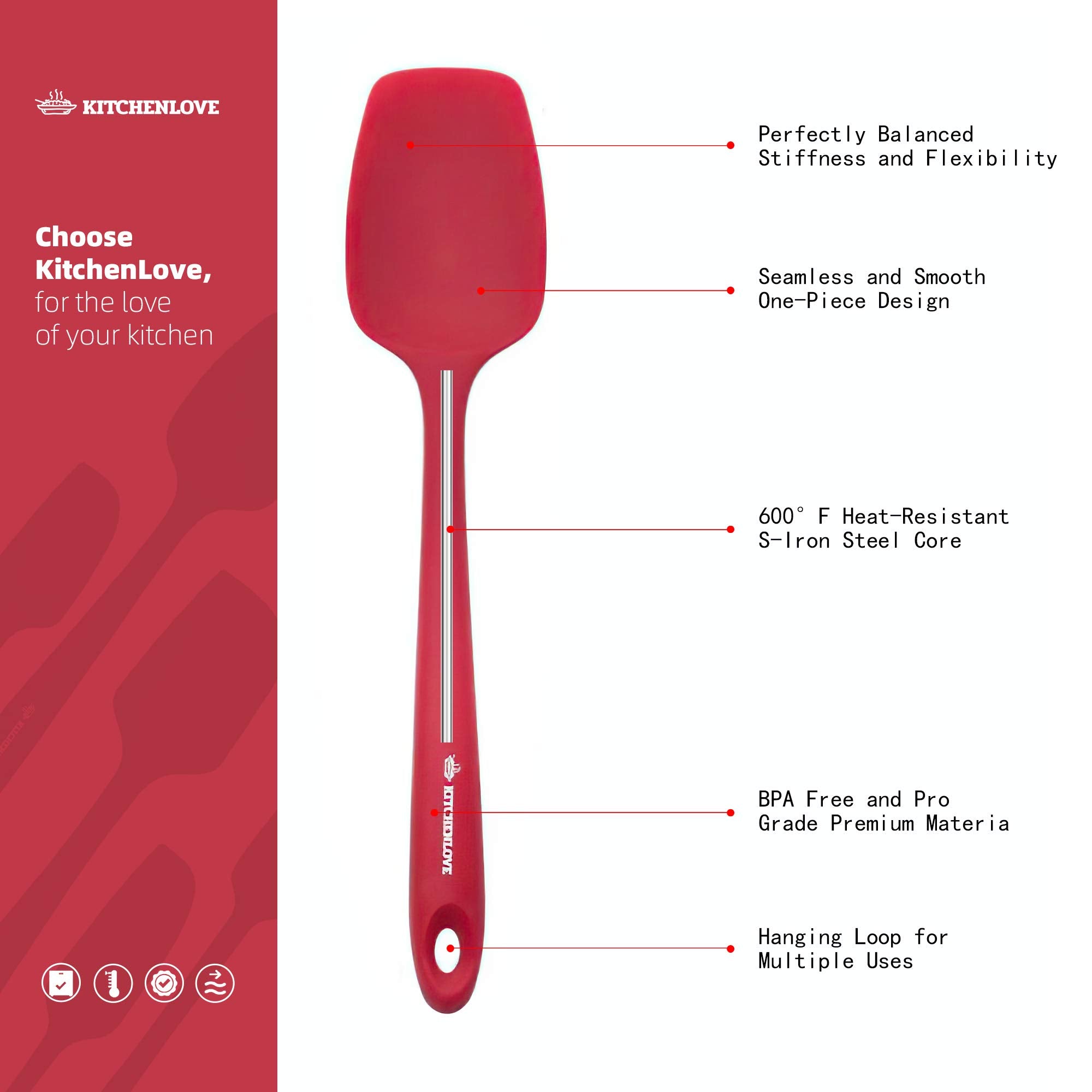 KITCHENLOVE Premium 600°F Heat Resistant 5 Piece Silicone Spatula Set for Baking, Cooking, Mixing - Non-Stick with High Grade S-Iron Steel Core - One Piece Seamless Design - BPA Free (Black)