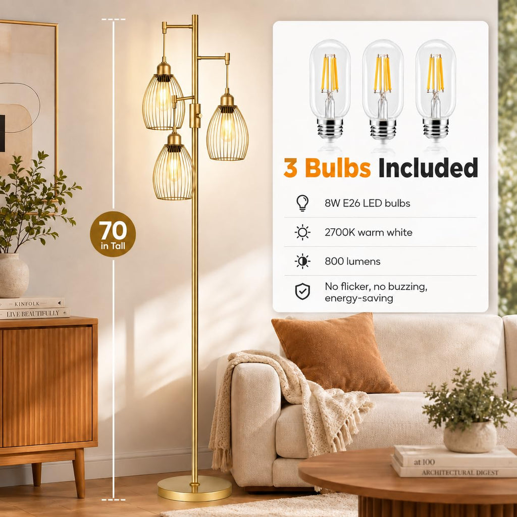 Dimmable Floor Lamp, 3 x 800LM LED Edison Bulbs Included, Farmhouse Industrial Floor Lamp Standing Tree Lamp with Elegant Teardrop Cage Tall Lamps for Living Room Bedroom Office Dining Room-Brass