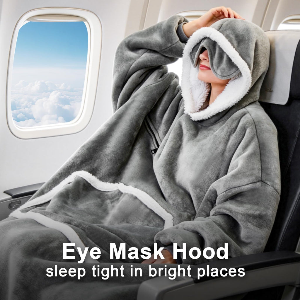 IFNOW Wearable Blanket Hoodie, Oversized Sherpa Fleece Hooded Sweatshirt with Eye Mask, Cozy and Giant Blanket Hoodie with Sleeves Extra Long for Adults Men Women, Black