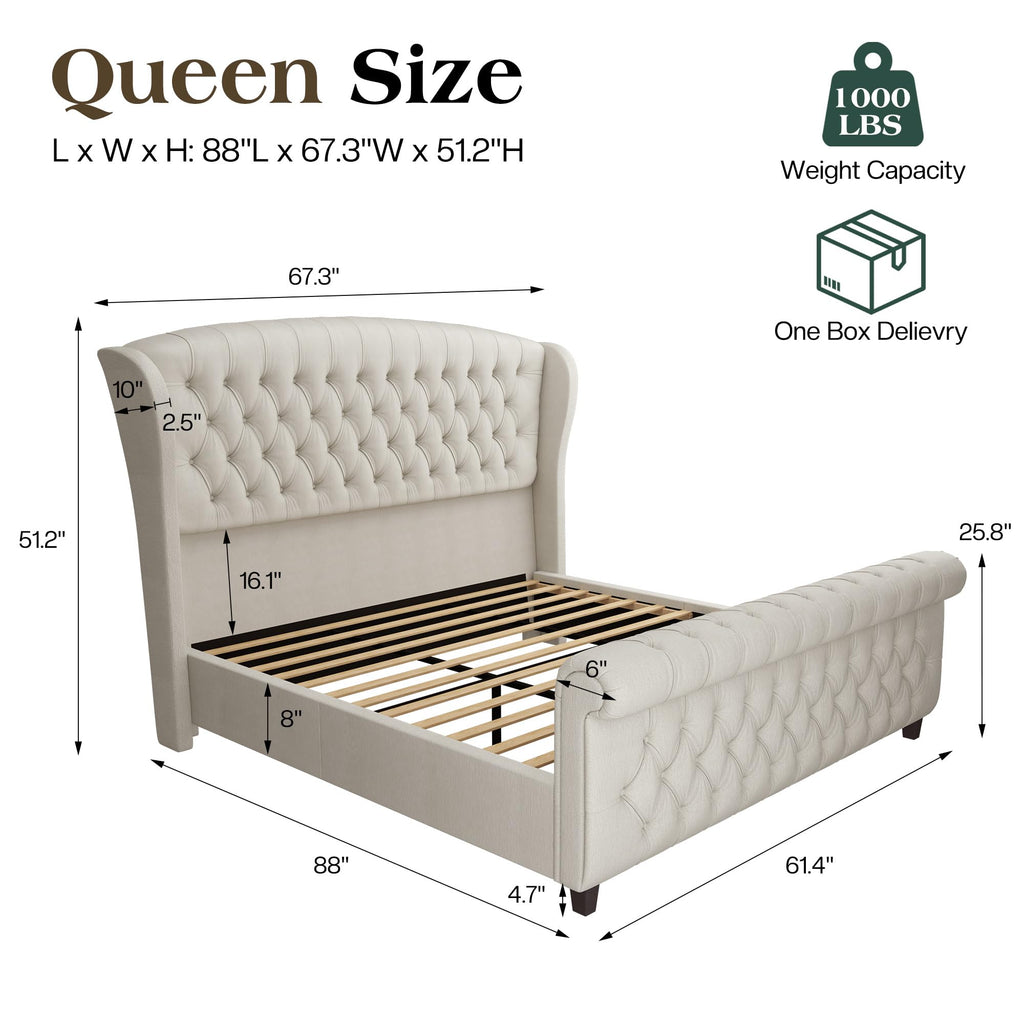 LUXOAK Queen Size Platform Bed Frame, Velvet Upholstered Sleigh Bed with Curved Headboard & Footboard, Deep Button Tufted, Wood Slats Support, No Box Spring Needed, Black