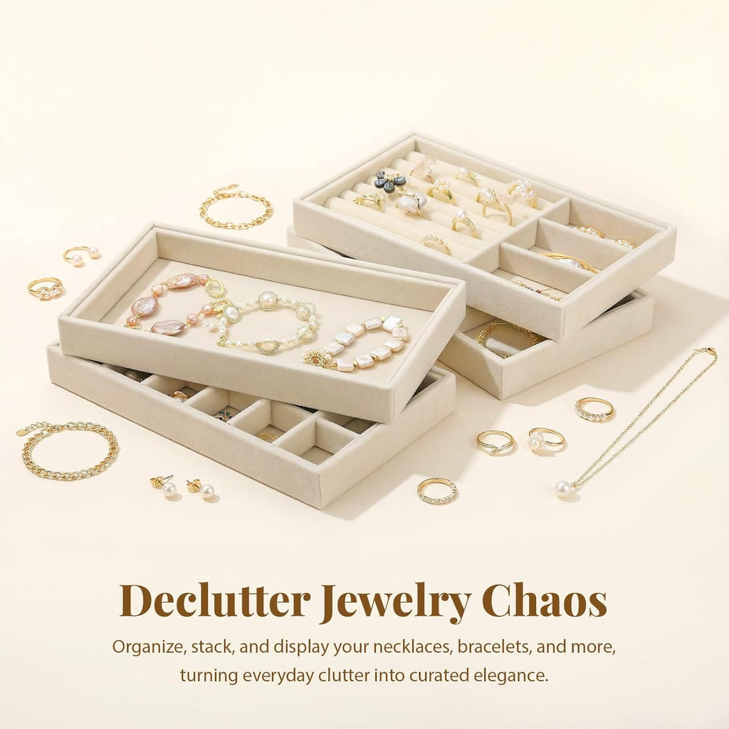 Elsjoy 8 Pack Velvet Jewelry Trays, Stackable Jewelry Organizer Trays for Drawers, Beige Jewelry Storage and Display Tray Inserts for Necklaces, Rings, Earrings