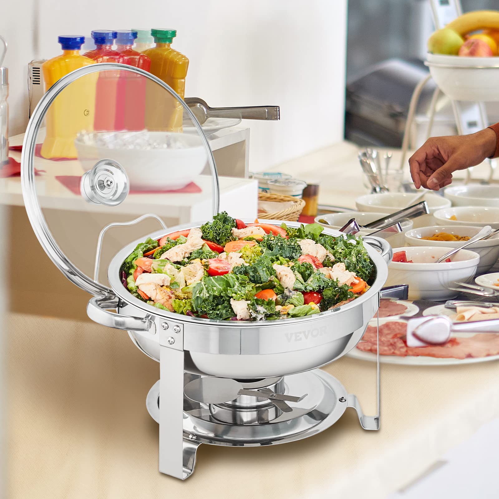VEVOR Chafing Dish Buffet Set, 5 Qt 4 Pack, Stainless Steel Chafer with 4 Full Size Pan, Round Catering Warmer Server with Glass Lid Water Pan Folding Stand Fuel Holder, for Wedding Banquet, Gold