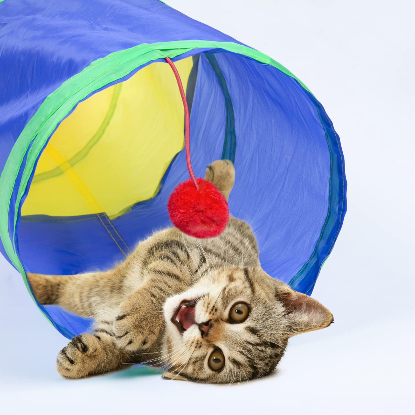 Sheldamy Cat Tunnel, 2-Way Collapsible Play Tunnel, Interactive Toy Maze for Small Animals, Suitable for Kittens, Puppies, Rabbits, Ferrets, Blue & Black