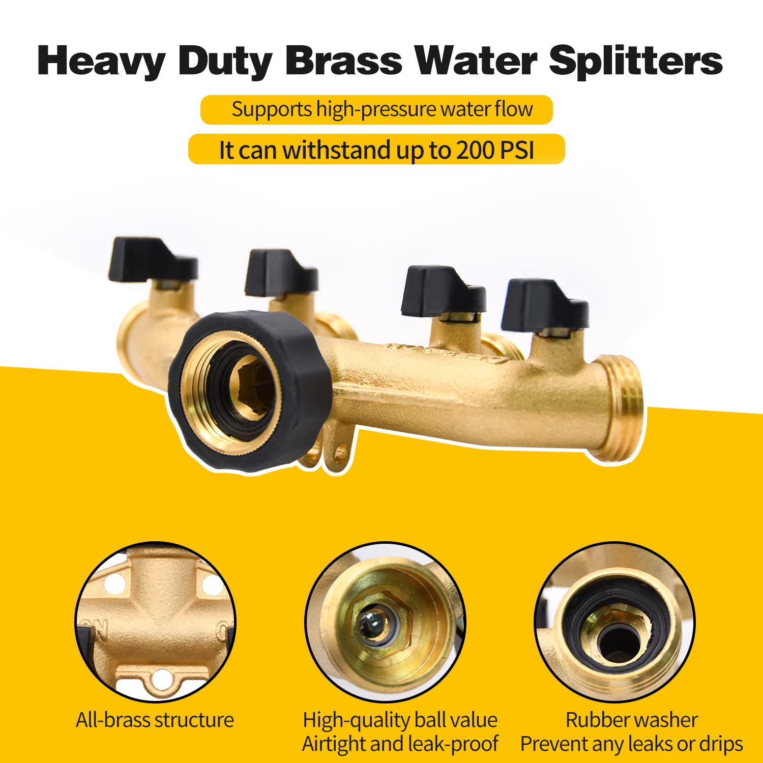 1/2/4 Pack 2 Way Hose Splitter, for 3/4" Hose Connector, with Rubber Washers & Tapes