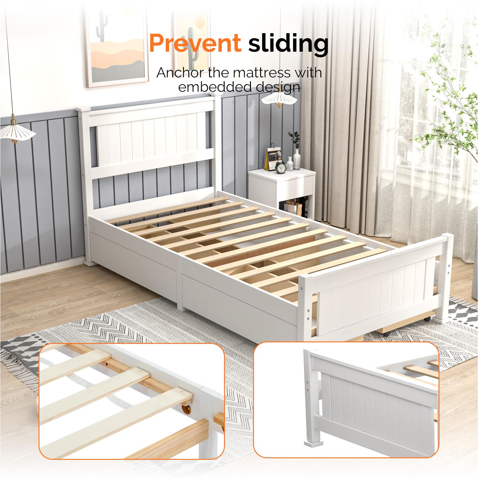 Bonnlo Twin Size Solid Wood Platform Bed Frame, Single Bed with Headboard, No Box Spring Needed Panel Bed, Wood Slat Support Mattress Foundation, White