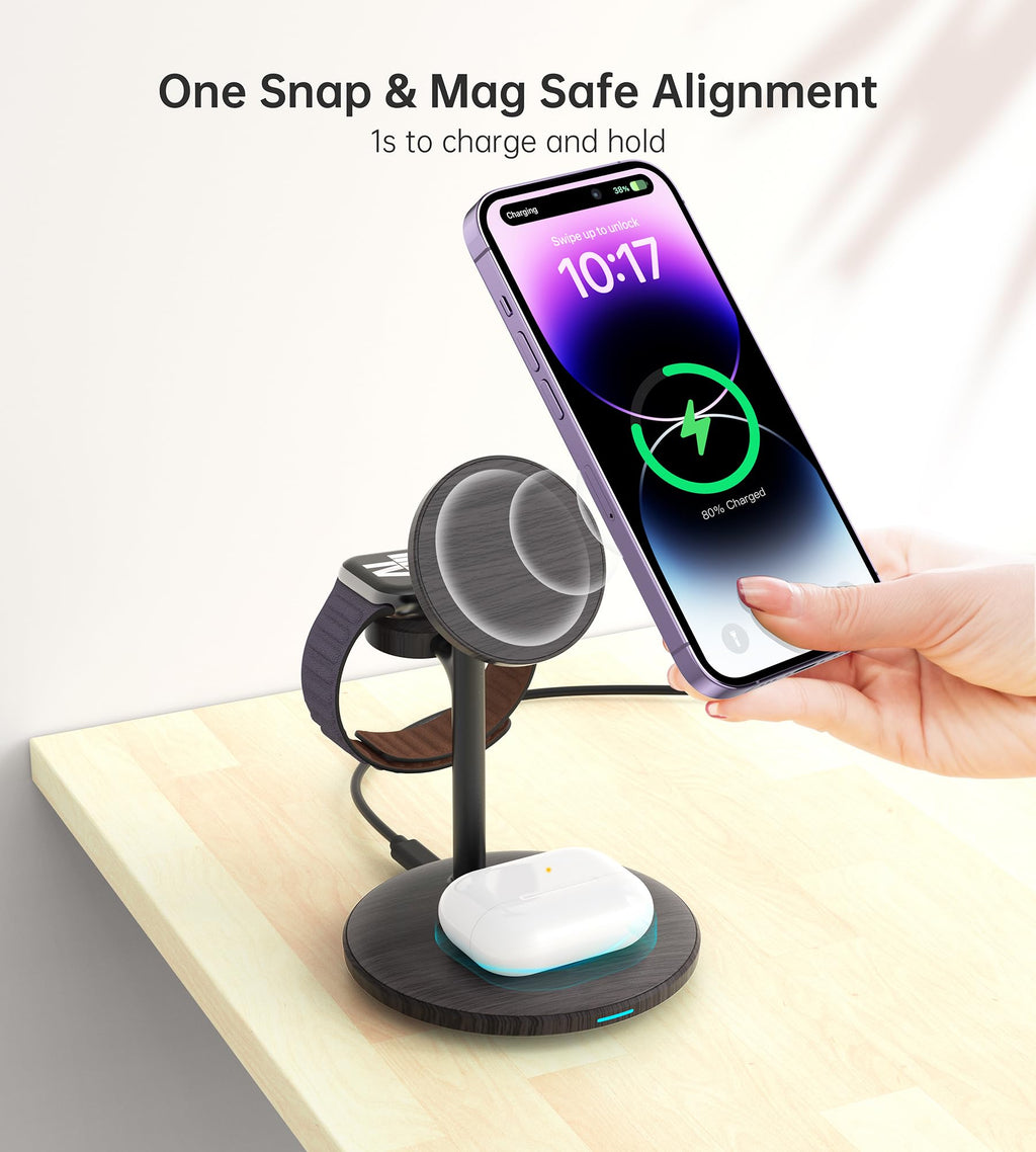 XooFly 3 in 1 Wireless Charging Station for Apple Devices, Fast Wireless Mag-Safe Charger Stand with 20W Adapter for iPhone 17/16 15 14 13 12 Pro Max/Pro/Plus/Air/Mini, iWatch, AirPods (Black)