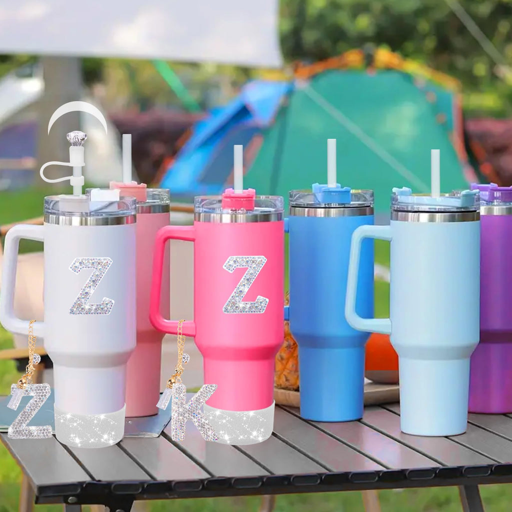 Mity rain Accessories Set for Stanley Cup, Initials Decorations for Tumbler Cup 30/40OZ, Including Diamond Straw Topper/Spill Proof Stopper/Sparkly Silicone Boot Set/Letter Charms for Handle A-Z (A-)
