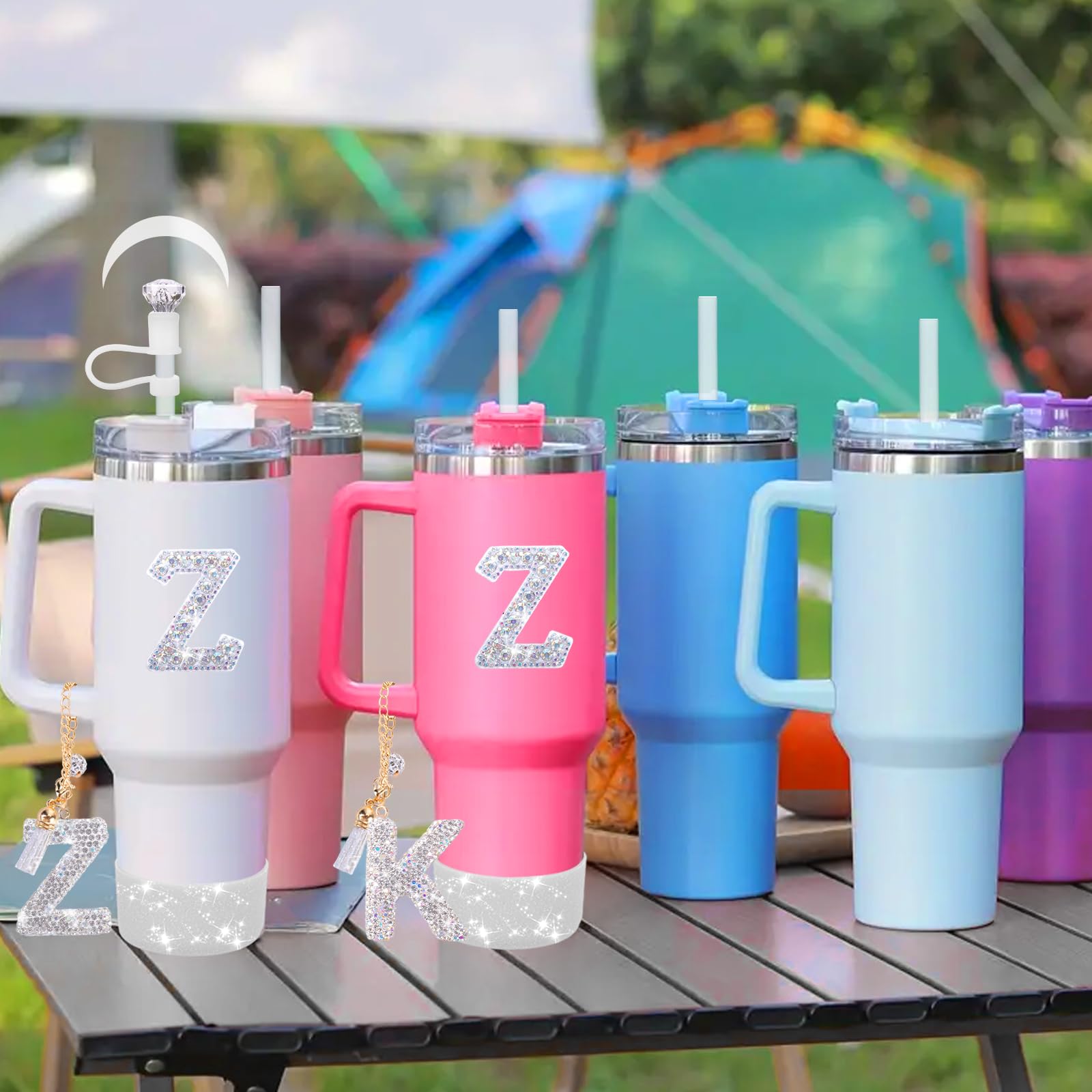 Mity rain Accessories Set for Stanley Cup, Initials Decorations for Tumbler Cup 30/40OZ, Including Diamond Straw Topper/Spill Proof Stopper/Sparkly Silicone Boot Set/Letter Charms for Handle A-Z (A-)