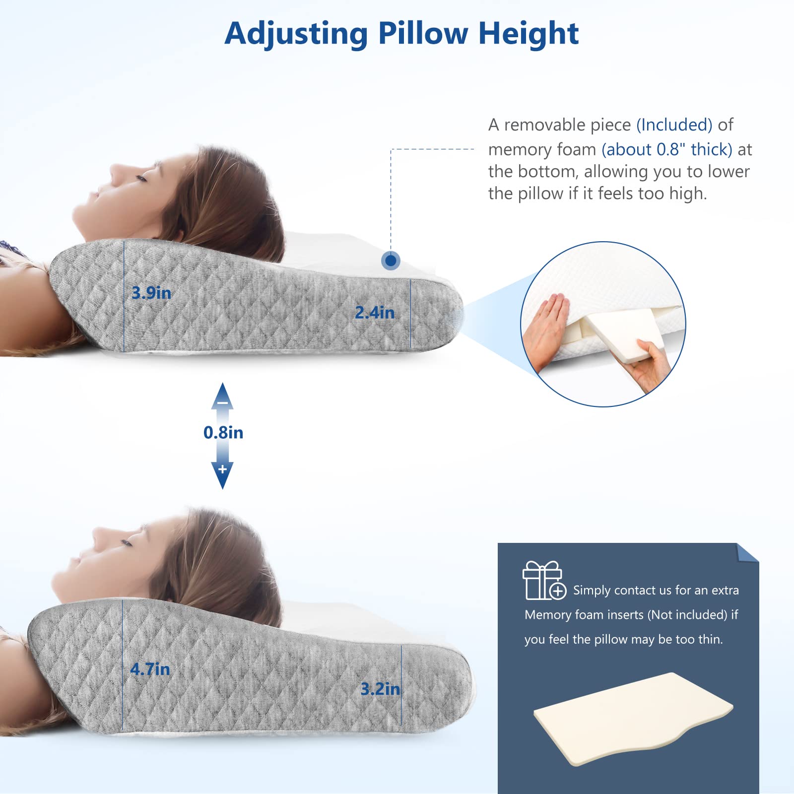 ZAMAT Memory Foam Pillow for Neck Pain Relief, Adjustable Ergonomic Cervical Pillow for Sleeping, Orthopedic Neck Pillow with Washable Cover, Bed Pillows for Side, Back, Stomach Sleepers