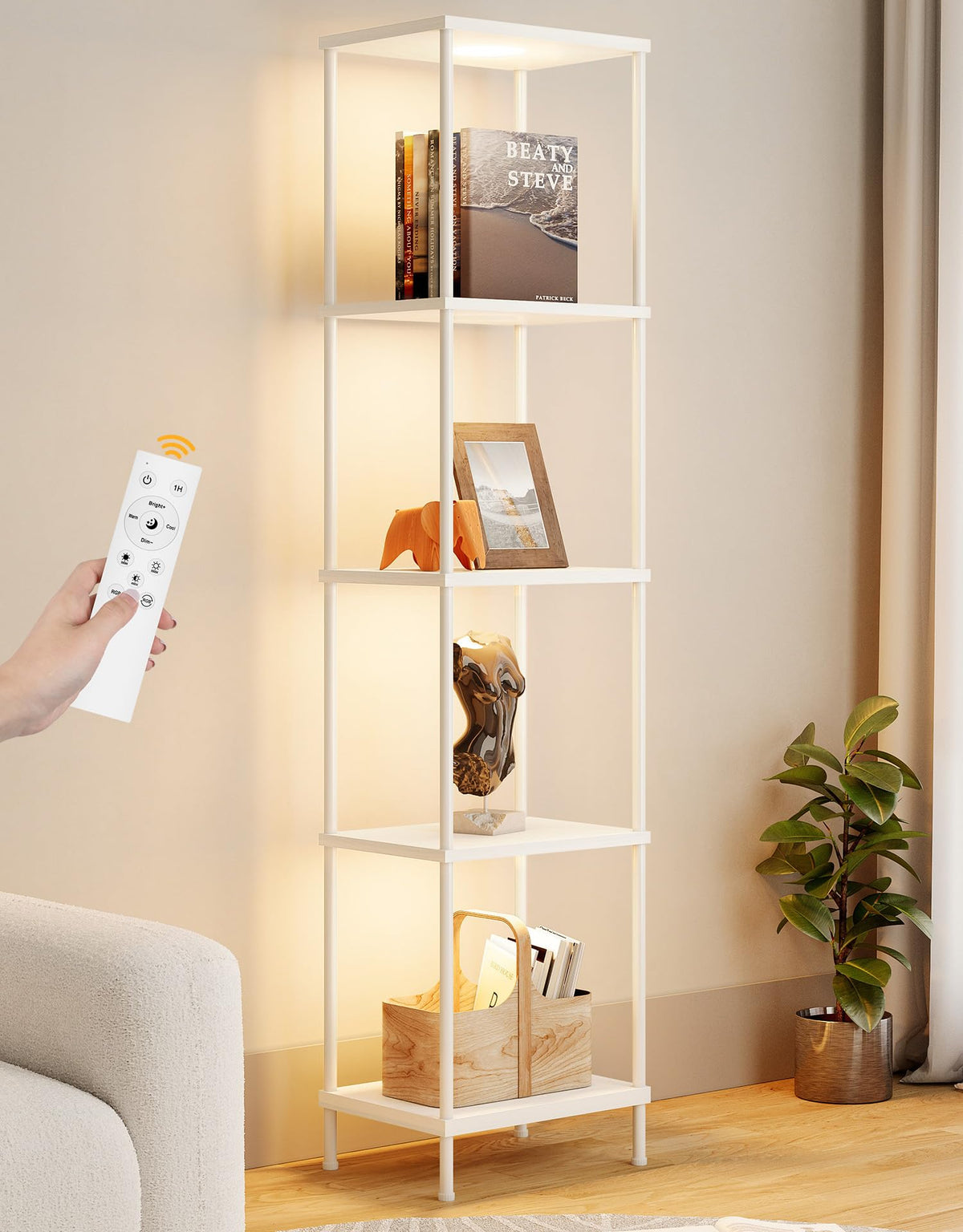 Display Shelf with RGBW Light, Color Changing Curio Cabinet Floor Lamp with Shelves Corner Standing Column Lamp Etagere Organizer Tower Nightstand Bookcase for Living Room Bedroom Office Décor Black