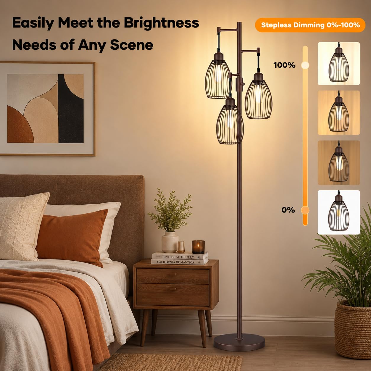 Dimmable Floor Lamp, 3 x 800LM LED Edison Bulbs Included, Farmhouse Industrial Floor Lamp Standing Tree Lamp with Elegant Teardrop Cage Tall Lamps for Living Room Bedroom Office Dining Room-Brass