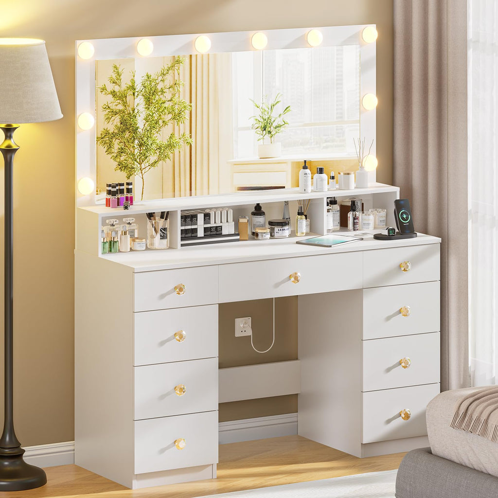 Vanity Desk with Lighted Mirror, Black Vanity with 4 Drawers,Makeup Vanity with Storage Shelves and Power Outlet,10 Lights with 3 Color Modes Brightness Adjustable for Girls’ Bedroom (Black)