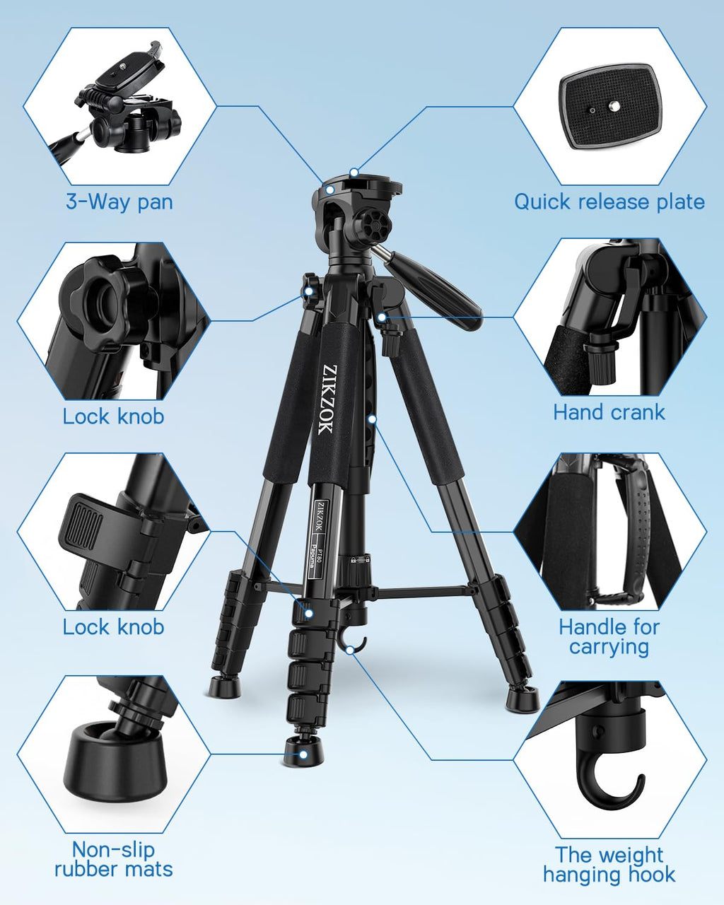 75" Camera Tripod, Aluminum Heavy Duty Camera Stand for ipad Phone, Travel Tripod with/Carry Bag/Phone Tablet Holder, Compatible with Canon Nikon Sony DSLR, Spotting Scopes, Max Load 15 Lb(Black)