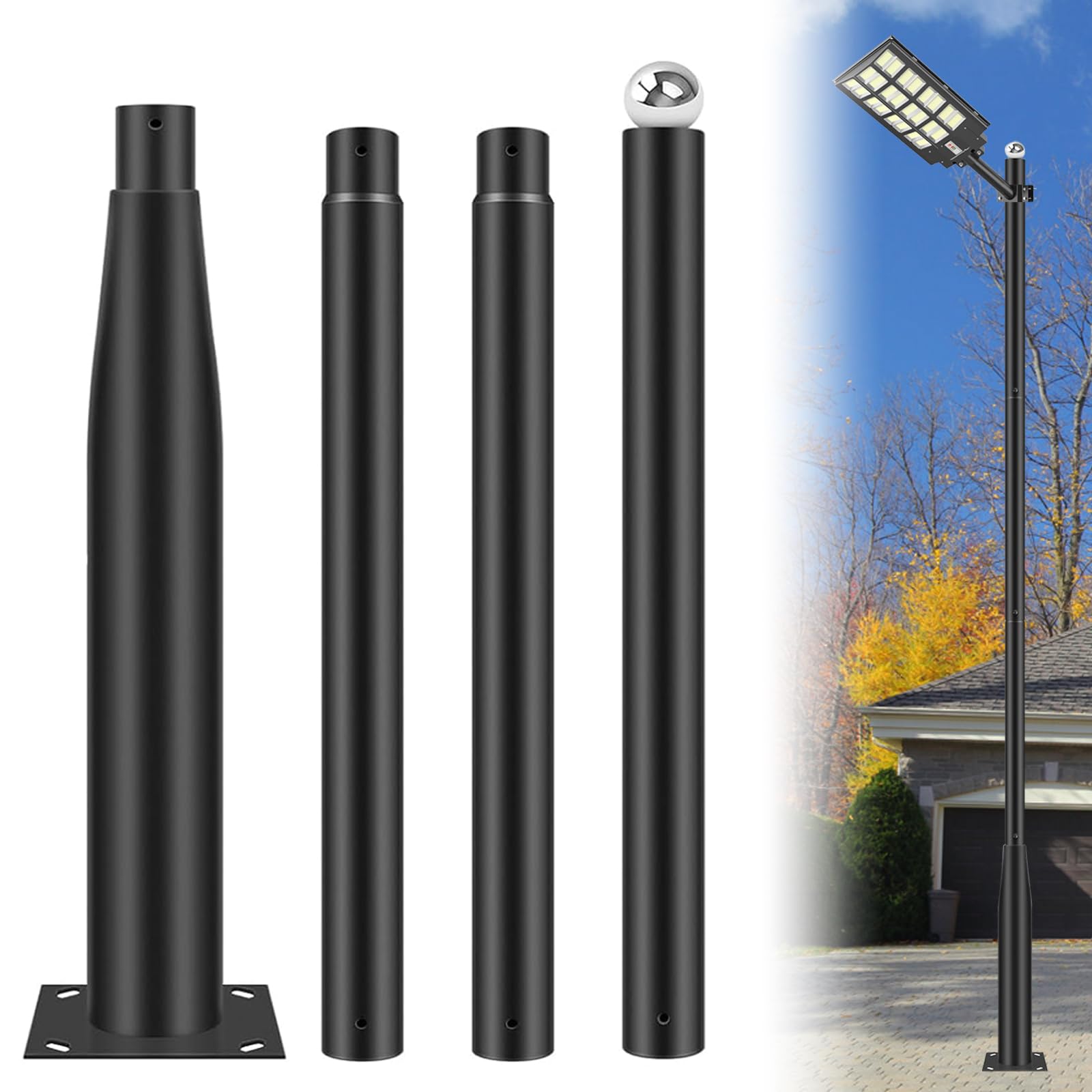 Outdoor Light Pole with Fillable Base, 8ft Cast Iron Lamp Post, 5-Section Heavy Duty Adjustable Pole for Garden, Yard, Pathway & Parking Lot, Portable Sand/Water Box Street Light Stand