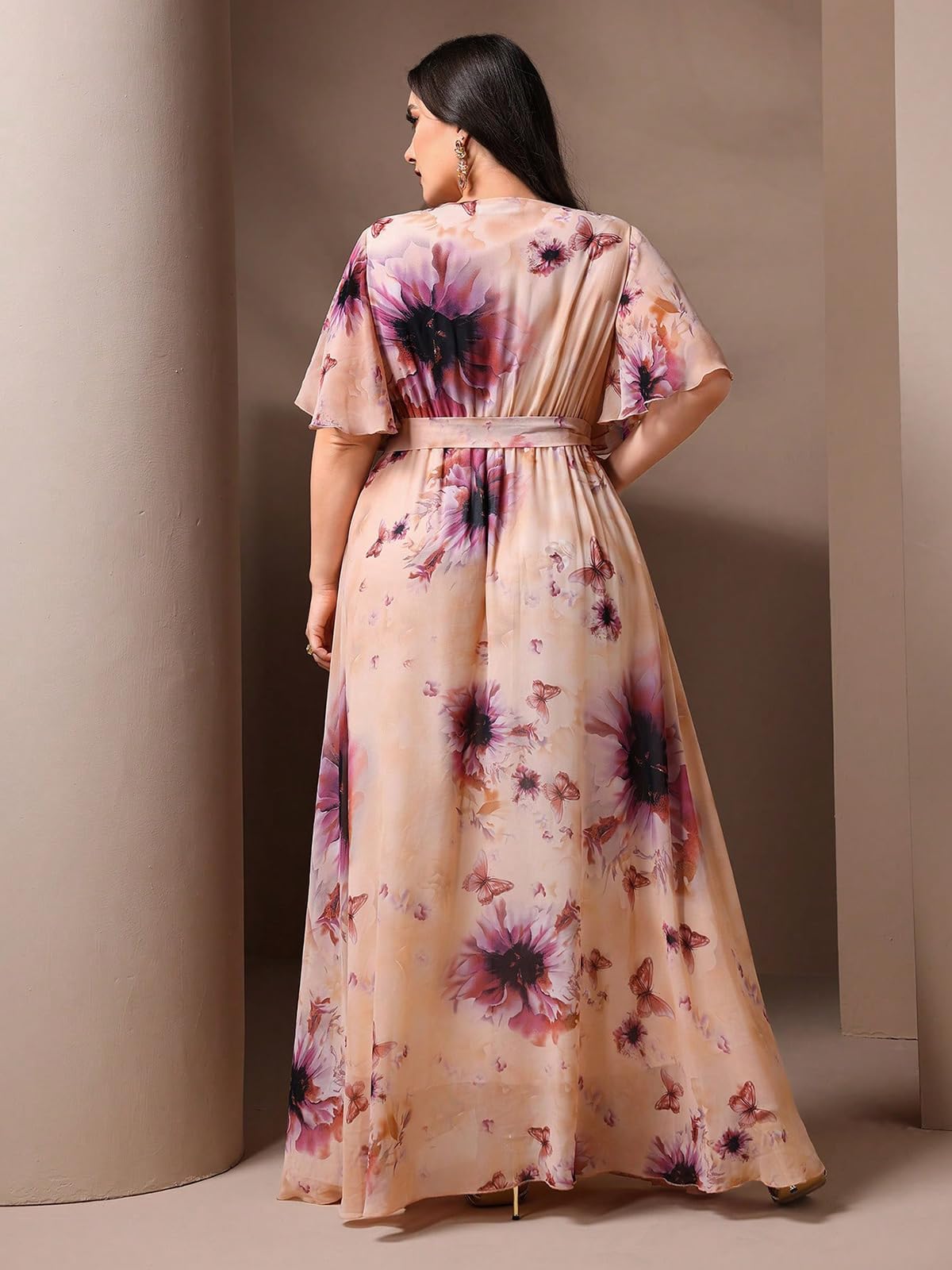 Spring Summer 2024 Plus Size Womens Dresses V Neck Casual Elegant Long Sleeve Floral Print Maxi Dress
