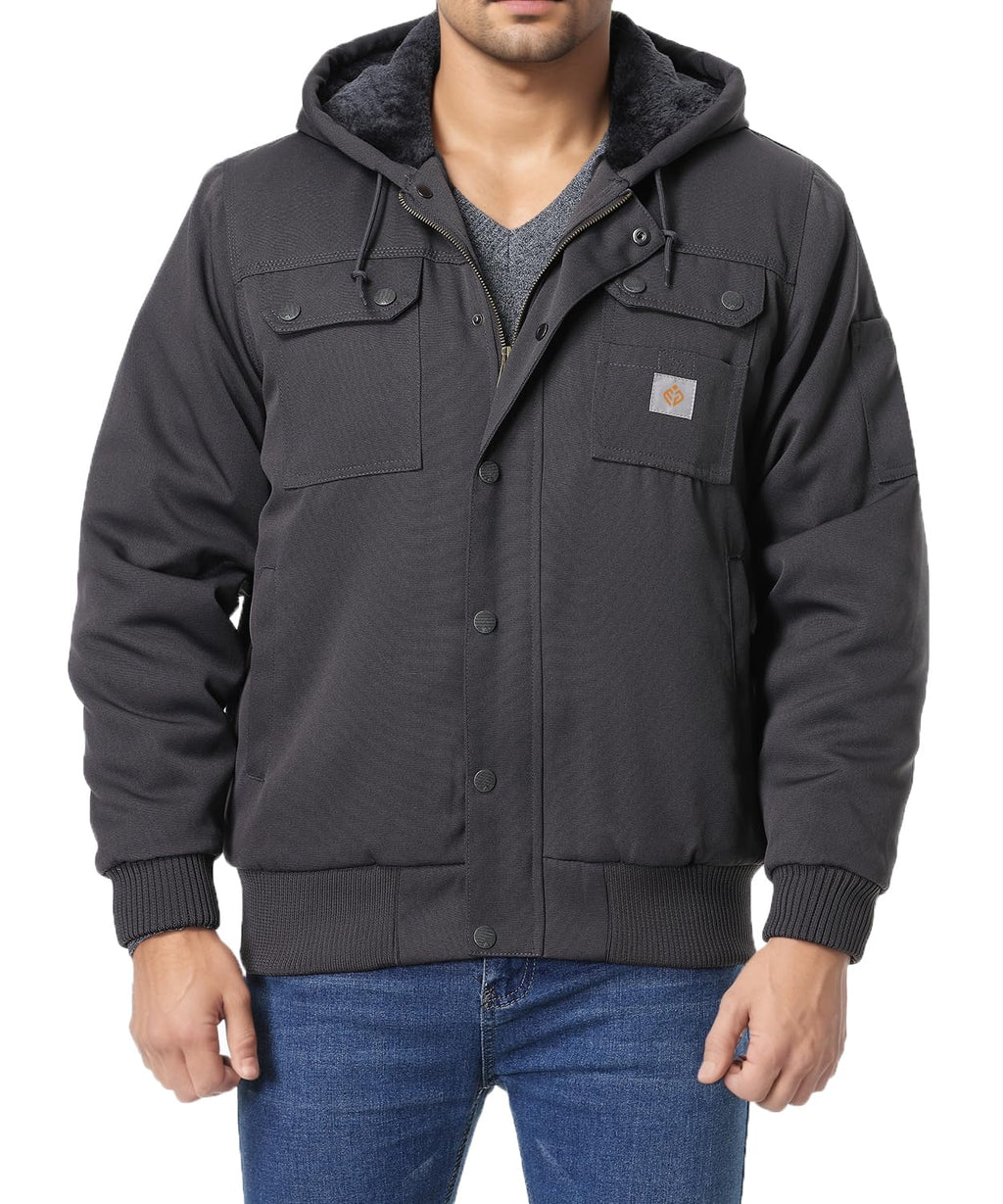 TUAOVA Men's Fit Relaxed Work Coat Fleece Lined Waterproof Workwear Winter Hooded Jacket with Multiple Pockets