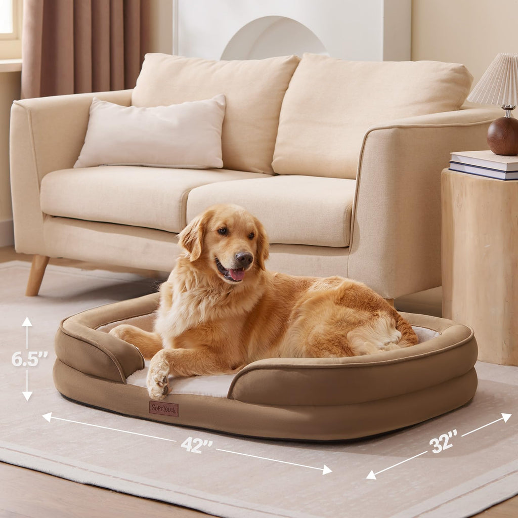 Soft Touch Orthopedic Dog Bed for Large Dogs with Faux Fur Top, Waterproof Pet Couch Bed with Removable Washable Cover and Supportive Foam Filling (Grey, Large)