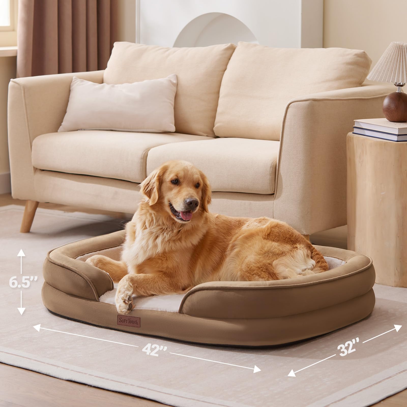 Soft Touch Orthopedic Dog Bed for Large Dogs with Faux Fur Top, Waterproof Pet Couch Bed with Removable Washable Cover and Supportive Foam Filling (Grey, Large)