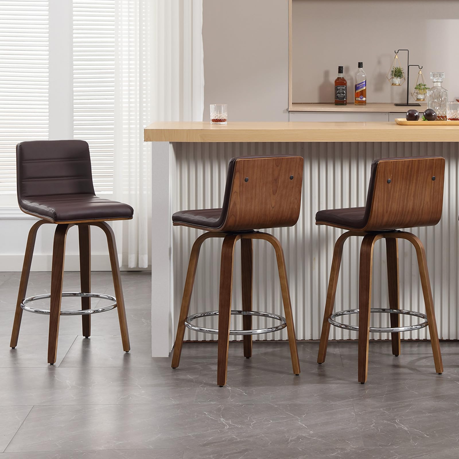 Bar Stools 29 Inch Bar Height, Swivel Bar Stools with Backs Upholstered PU Leather Barstool, L Shape Back and Padded Seat, Mid-Century Modern Bar Stool Pub Chairs for Kitchen Counter Island, Black