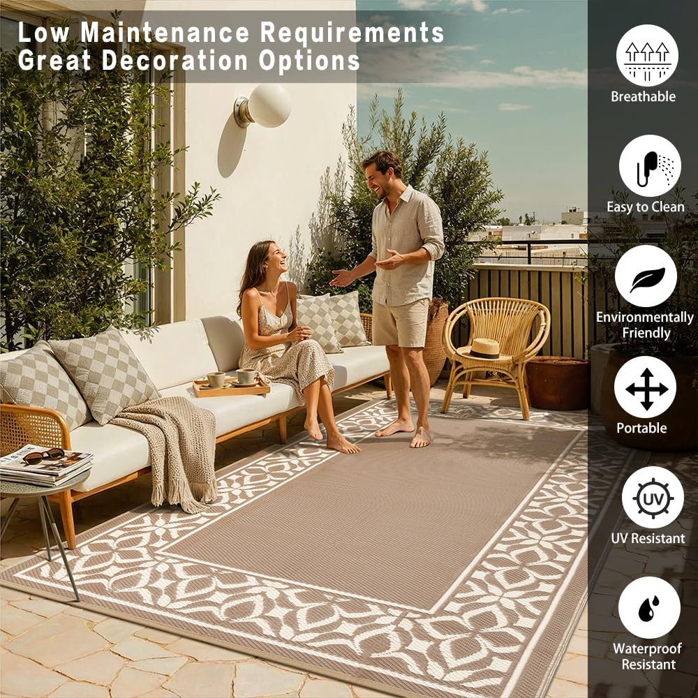 PureCozy Outdoor Plastic Straw Rug Black Beige Large Outside Waterproof Outdoor Patio 5x8 Carpet Geometric Reversible Mat Modern for Camping RV Porch Deck Balcony Beach
