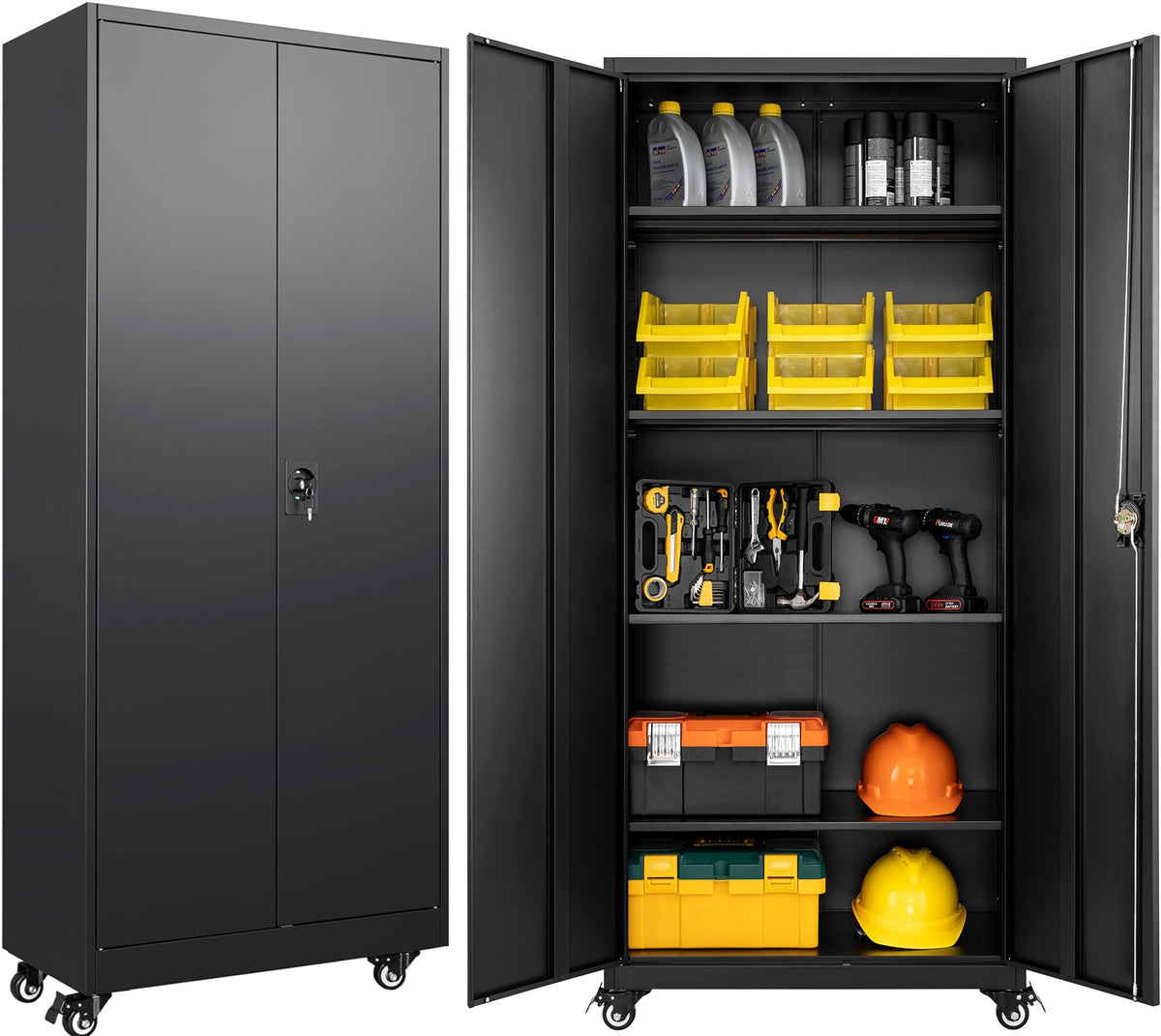 SISESOL Wide & Deep Metal Storage Cabinet with Wheels,Tall Rolling Garage Storage Cabinet with Lock,Black Metal Cabinets with Pegboards and Shelves,Tool Locker for Garage,Home,Office,43''Wx 20''Dx71"H