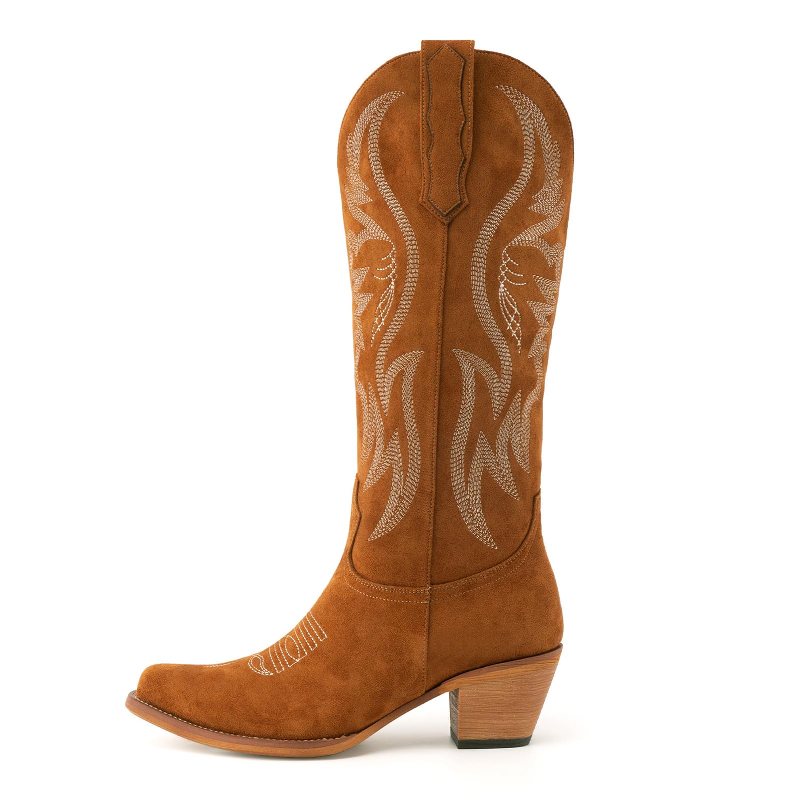 GORBINETI Women Cowboy Boots Mid Calf Cowgirl Western Boots Embroidered Suede Pull On Almond Toe Chunky Heel