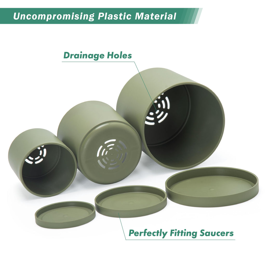 D'vine Dev 6.5 Inch 8 Inch 10 Inch, Set of 3 Plastic Planter Pots for Plants with Drainage Hole and Seamless Saucers, Black Color, Large, 74-V-B-4