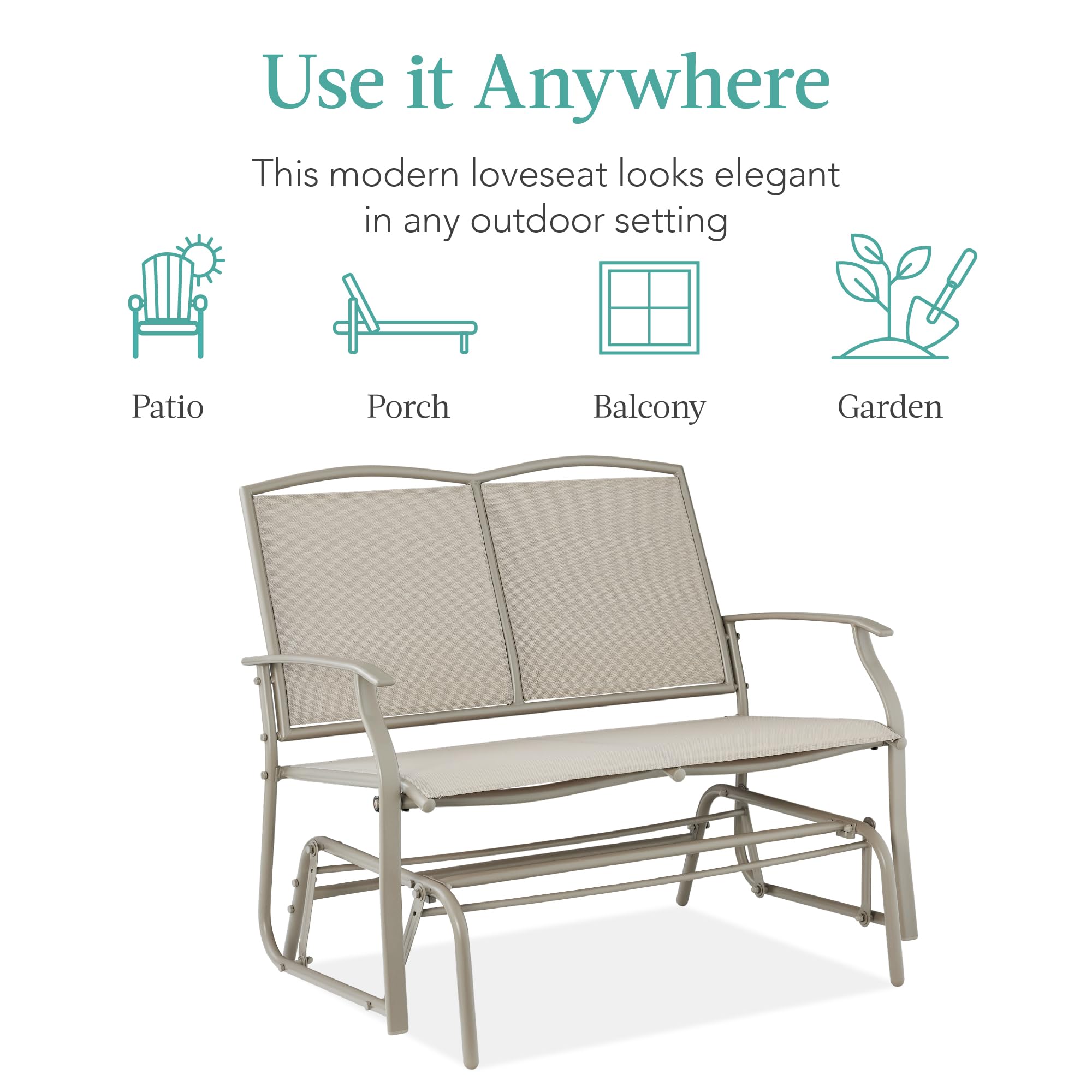 Best Choice Products 2-Person Outdoor Patio Swing Glider Steel Bench Loveseat Rocker for Deck, Porch w/Textilene Fabric, Steel Frame - Black