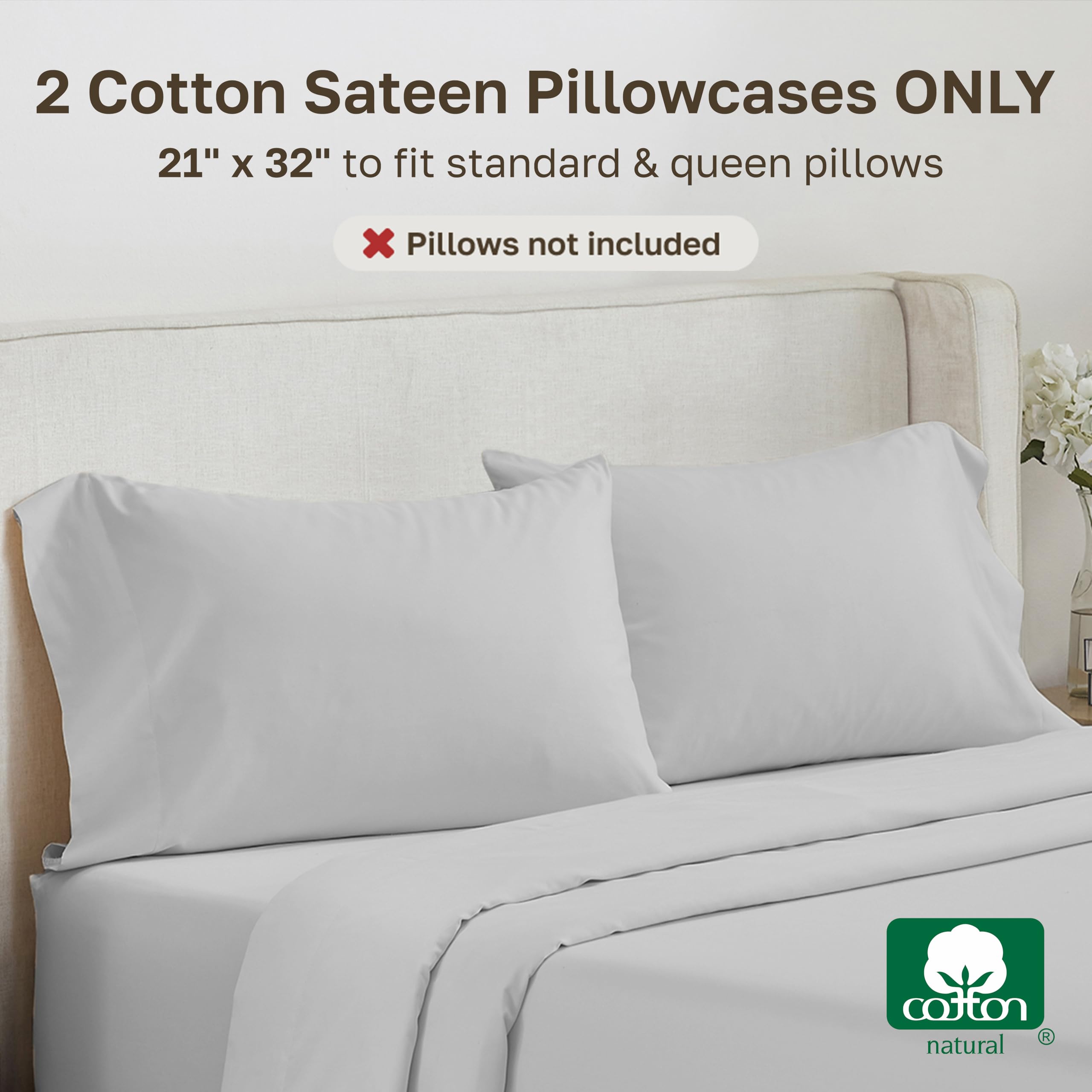 CALIFORNIA DESIGN DEN Soft & Silky 500 Thread Count 100% Cotton is Cool & Smooth, White Pillowcases Queen Size Fits Standard & Queen Pillows (Pure White)