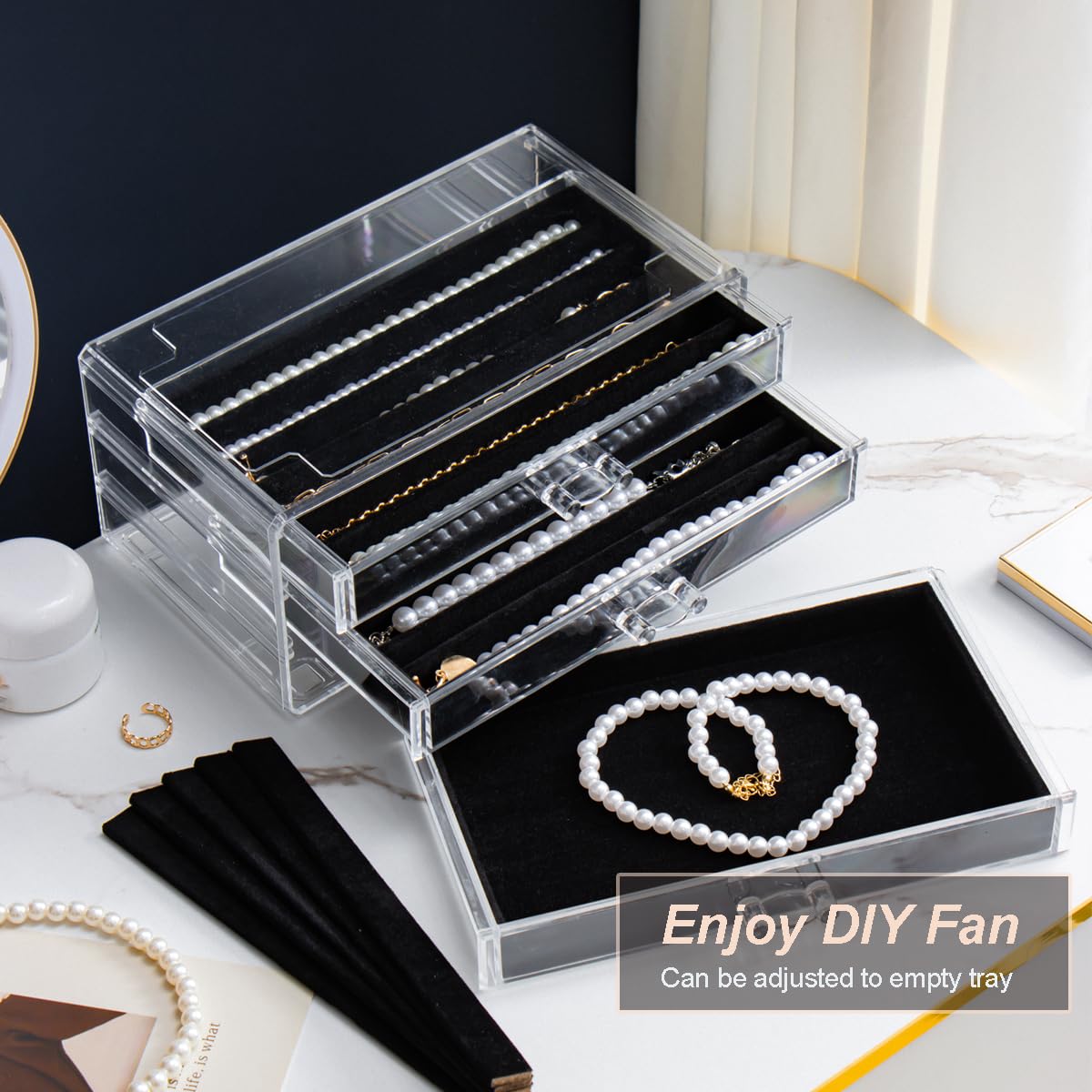 YUFONG Necklace Holder Organizer, Dustproof Necklace Box Velvet Necklace Organizer Box with Lid Clear Acrylic Dustproof Stackable Jewelry Displays for Necklaces Chain Display (Beige, 3 Drawer)