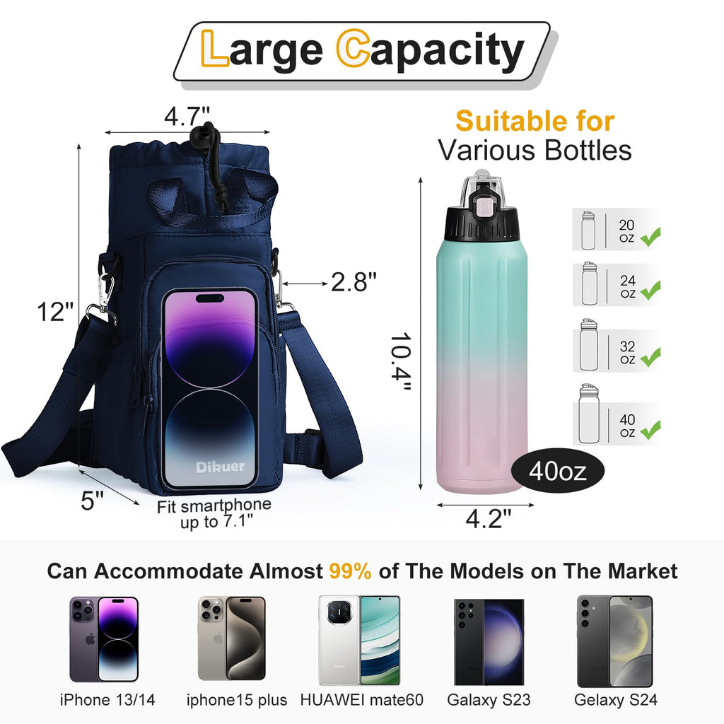 Water Bottle Holder with Strap, 32oz 40oz Insulated Crossbody Water Bottle Carrier Sling Bag with Phone Pocket for Walking/Hiking/Travel/Gym