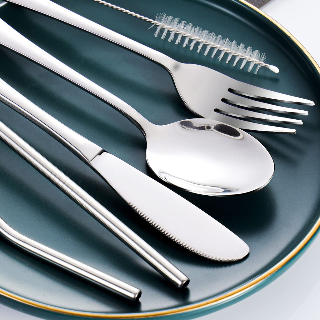 SAOSHYPEI 4-Piece Portable Utensils Set with Travel Case, Reusable Food-Grade Stainless Steel Silverware (Knife, Fork, Spoon), Dishwasher Safe Flatware for Camping, Work Lunch & Picnic, Black