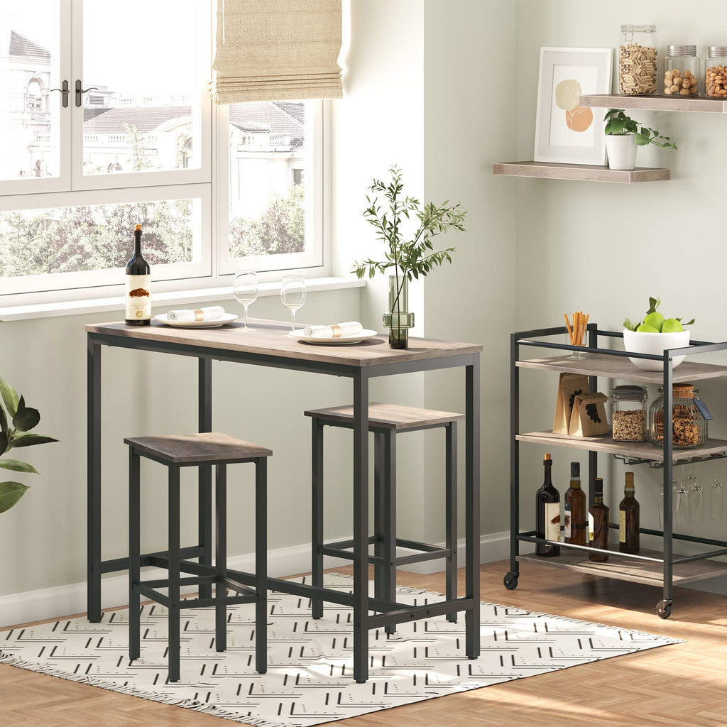 Rectangular Pub Bar Table & Stools Set, 3-Piece Breakfast Table, Grey, HOOBRO