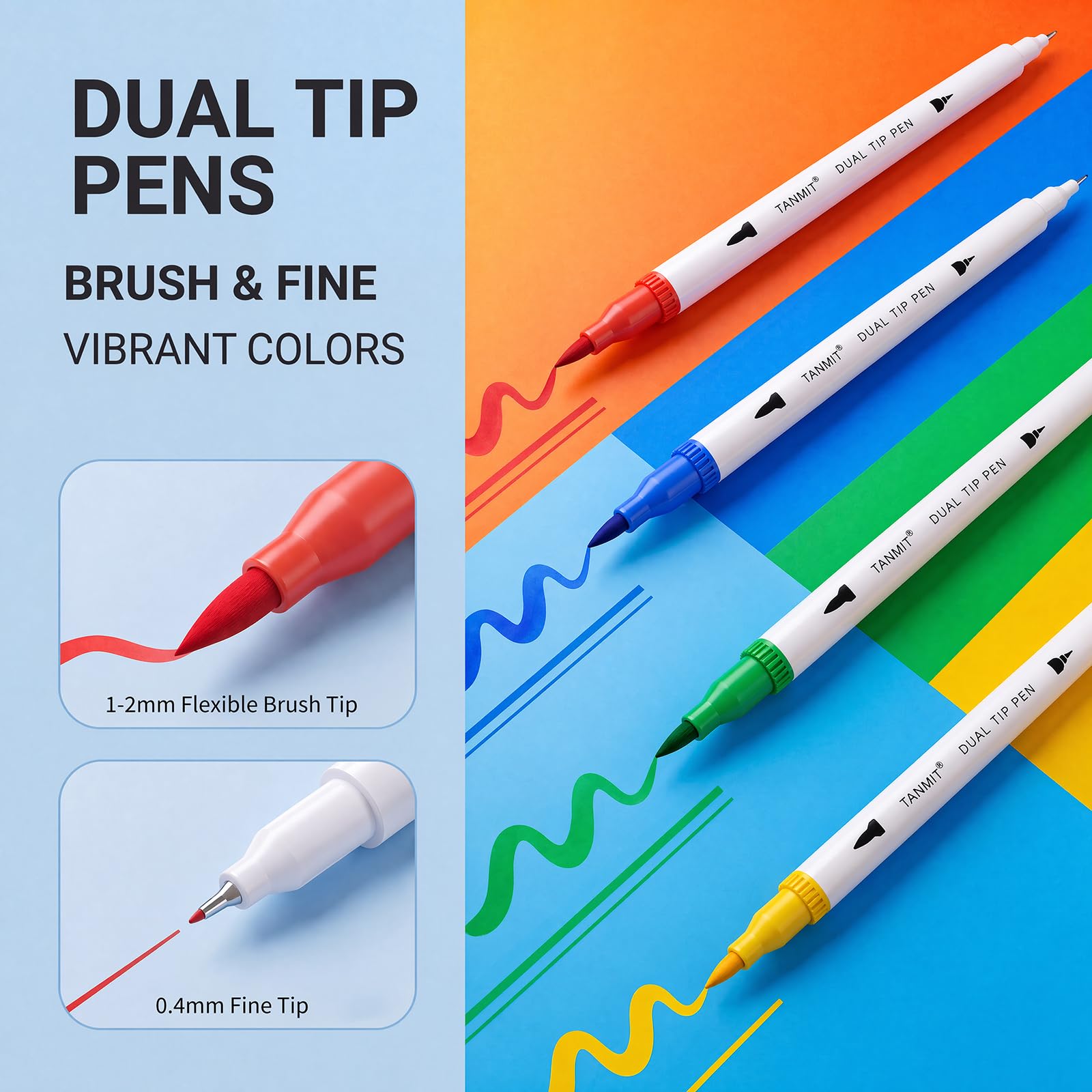 36 Dual-Tip Brush Pens for Adult Coloring Books – Tanmit Art Markers With Brush + Fine Precision Tips for Calligraphy, Planners, Journaling, Note Taking & More