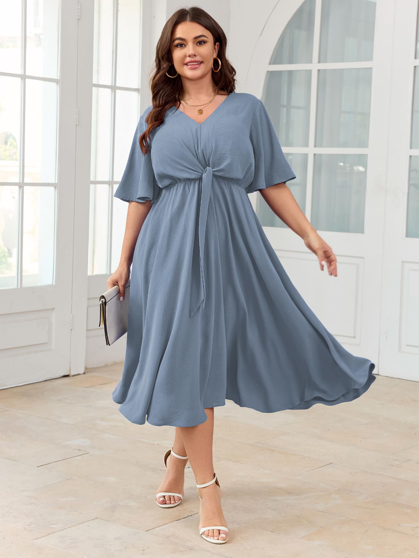 SCOMCHIC Women Plus Size Midi Dresses Wedding Guest Short Sleeve V Neck Tie Waist Casual Summer Flowy A Line Dress