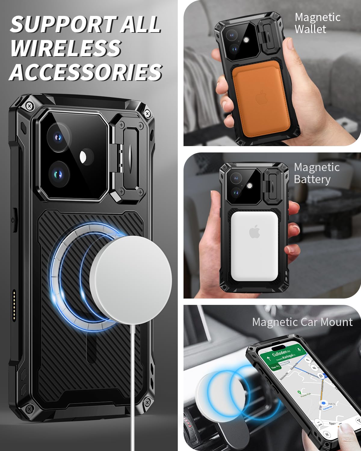 Lanhiem for iPhone 16 Metal Case with Camera Cover & Stand [Compatible with MagSafe] [Built-in Kickstand] [Military-Grade Protection] Heavy Duty Rugged Magnetic Phone Case, Black